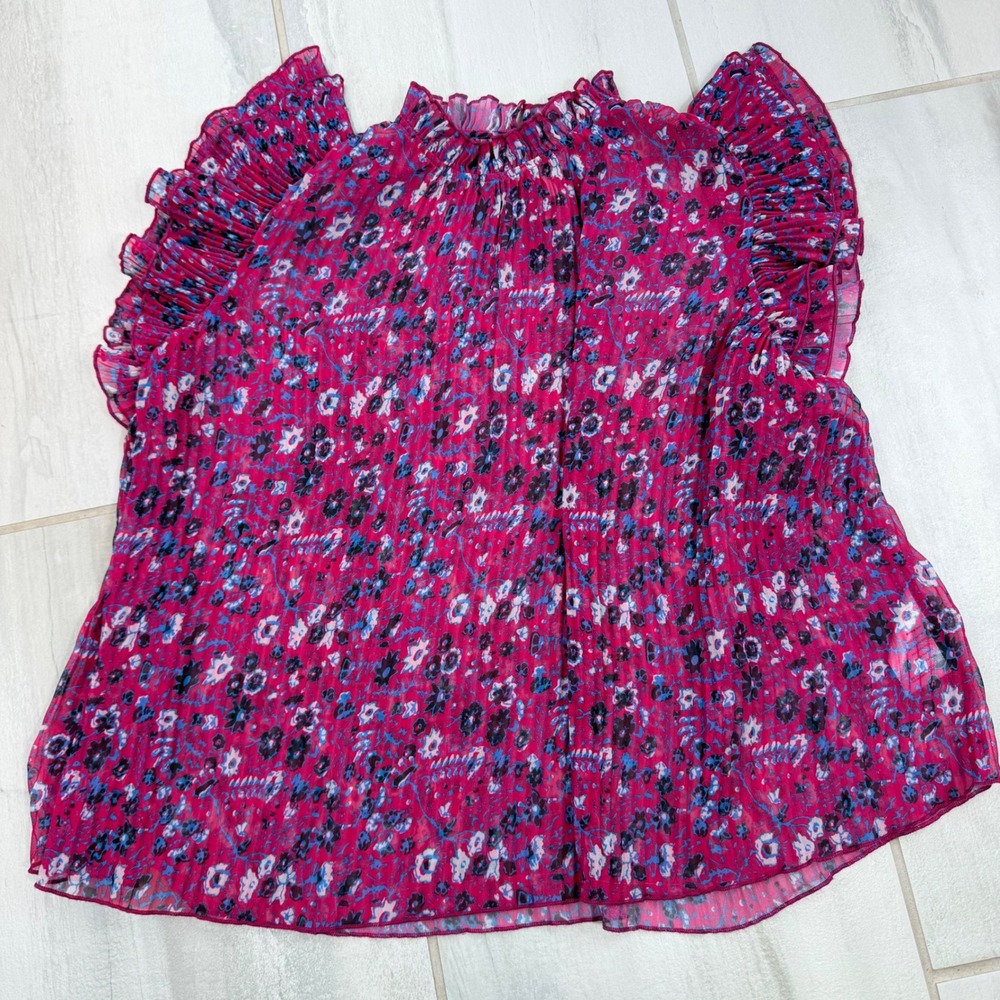 Anthropologie Magenta Floral Pleated Flutter Sleeve Mock Neck Blouse S